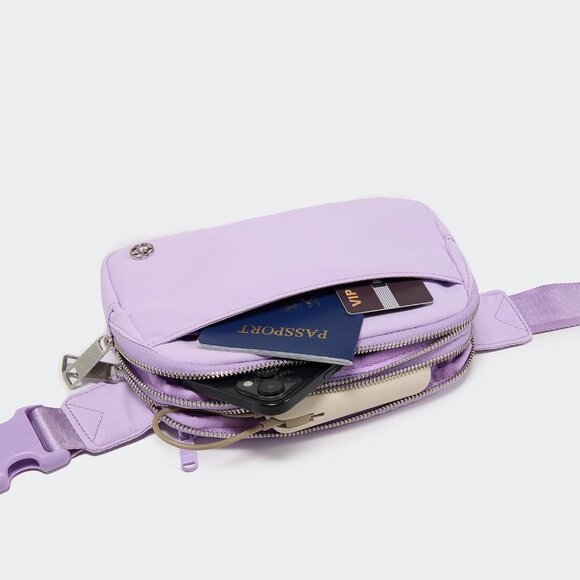 Large Lilac Purple Water-Resistant Nylon Travel Belt Bag with 5 Zipper Pockets - Picture 7 of 8